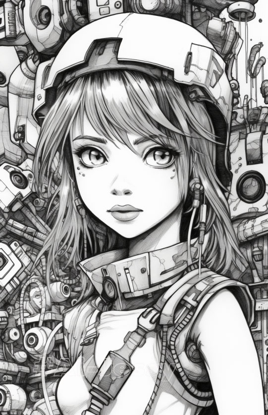 manga, Anime robot, coloring book page, comic strips, adventurecore and girl