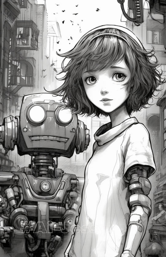 manga, Anime robot, coloring book page, comic strips, adventurecore and girl