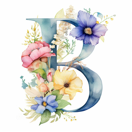 B letter typography, calligraphy, font, text, camellia, dahlia, pansy, fern, botanical watercolour illustration on white transparent paper