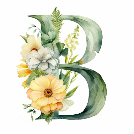 B letter typography, calligraphy, font, text, camellia, dahlia, pansy, fern, botanical watercolour illustration on white transparent paper