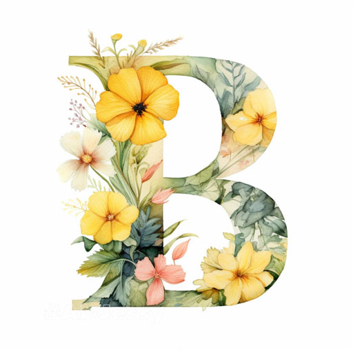 B letter typography, calligraphy, font, text, camellia, dahlia, pansy, fern, botanical watercolour illustration on white transparent paper