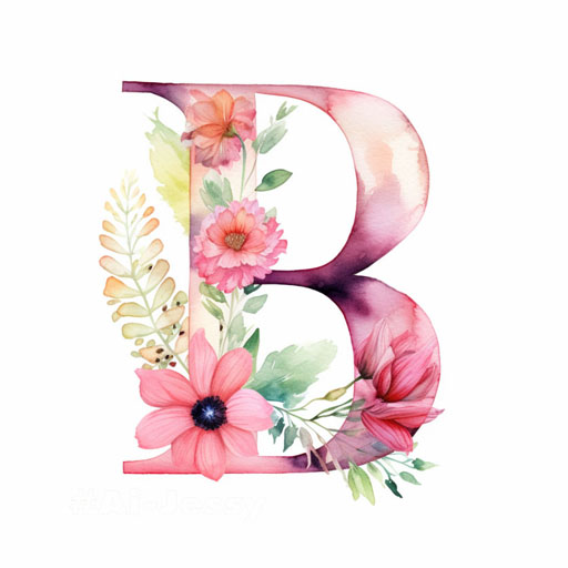 B letter typography, calligraphy, font, text, camellia, dahlia, pansy, fern, botanical watercolour illustration on white transparent paper --v 5.2