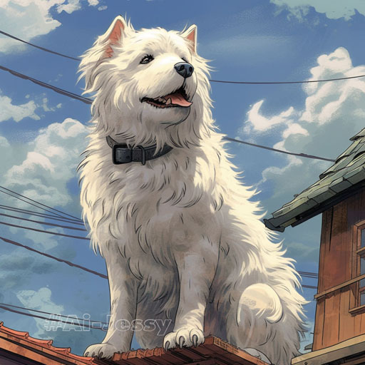 Detailed illustration, Ghibli style, a dog posing