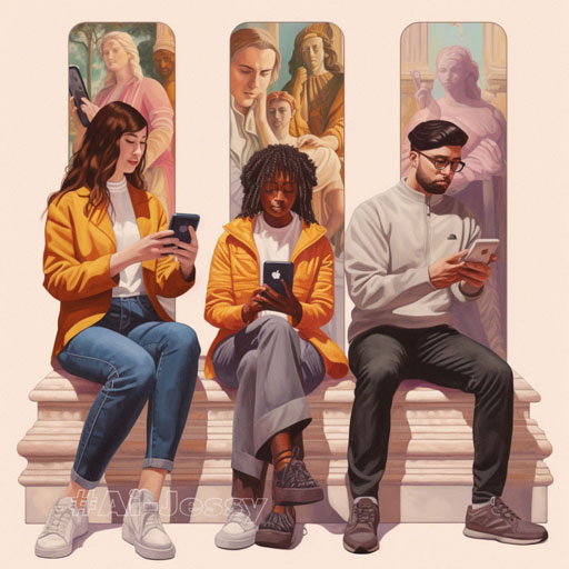 Four people in four different places looking at a picture of themselves on their phones, animation, over the shoulder frame