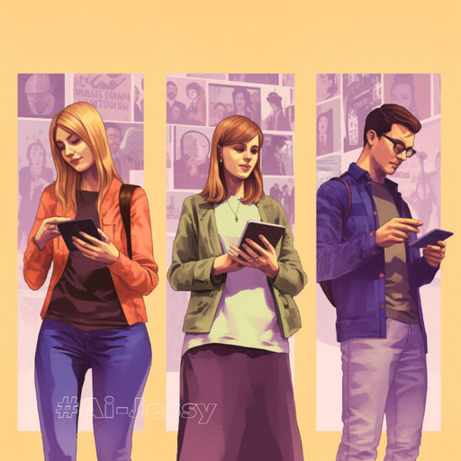 Four people in four different places looking at a picture of themselves on their phones, animation, over the shoulder frame