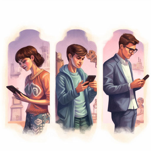 Four people in four different places looking at a picture of themselves on their phones, animation, over the shoulder frame