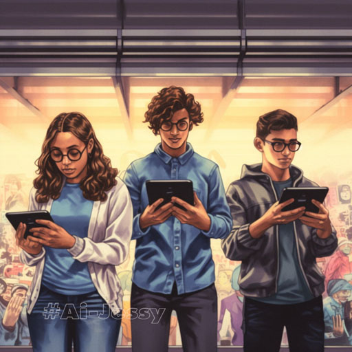Four people in four different places looking at a picture of themselves on their phones, animation, over the shoulder frame