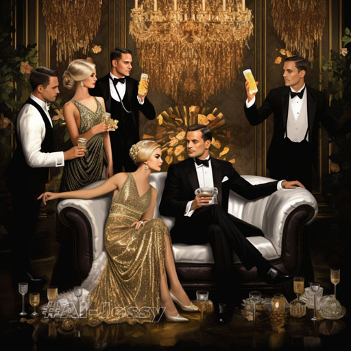 The characters of Gatsby and Daisy are sitting on a couch in Gatsby’s mansion