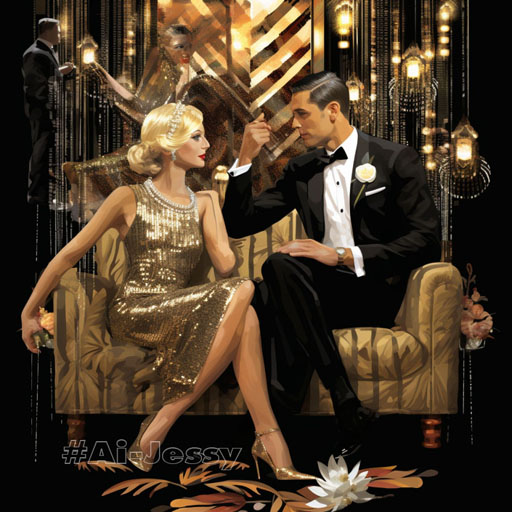 The characters of Gatsby and Daisy are sitting on a couch in Gatsby’s mansion