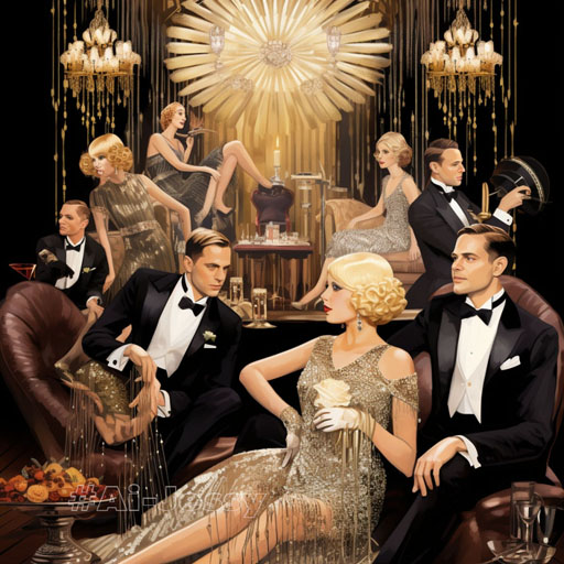 The characters of Gatsby and Daisy are sitting on a couch in Gatsby’s mansion