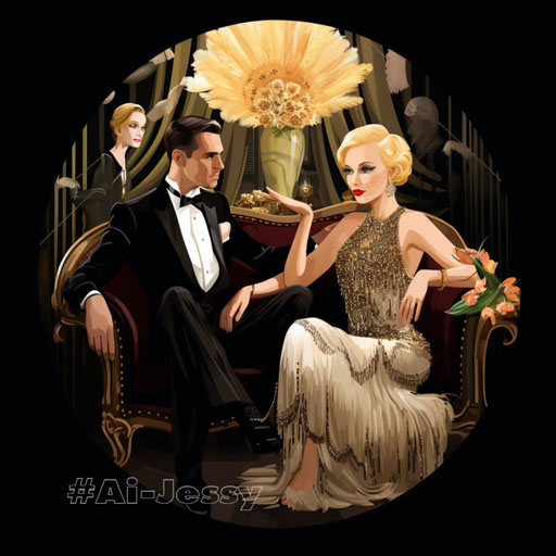 The characters of Gatsby and Daisy are sitting on a couch in Gatsby’s mansion
