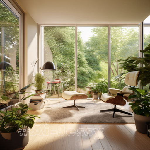 Interior Design, a perspectiveof of a study, modernist, largewindows with natural light,Light colors, plants, modernfurniture, modern interiordesign