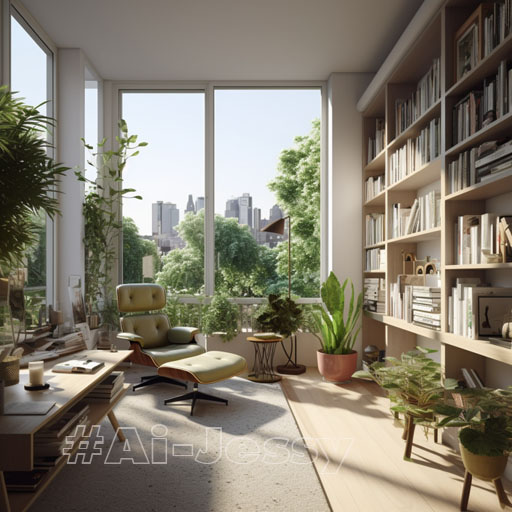 Interior Design, a perspectiveof of a study, modernist, largewindows with natural light,Light colors, plants, modernfurniture, modern interiordesign
