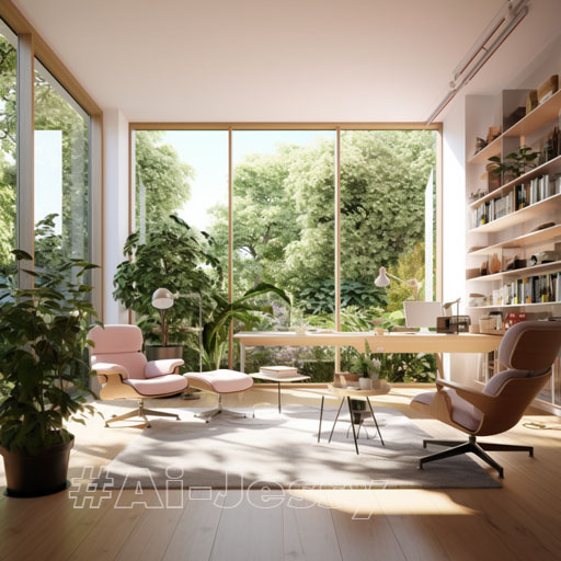 Interior Design, a perspectiveof of a study, modernist, largewindows with natural light,Light colors, plants, modernfurniture, modern interiordesign