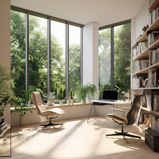 Interior Design, a perspectiveof of a study, modernist, largewindows with natural light,Light colors, plants, modernfurniture, modern interiordesign