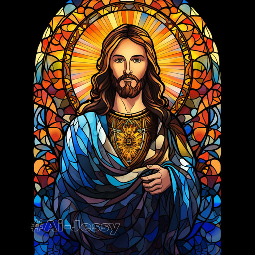 Stained glass jesus christ fantasy, storybook, fairytale, watercolor and black ink style