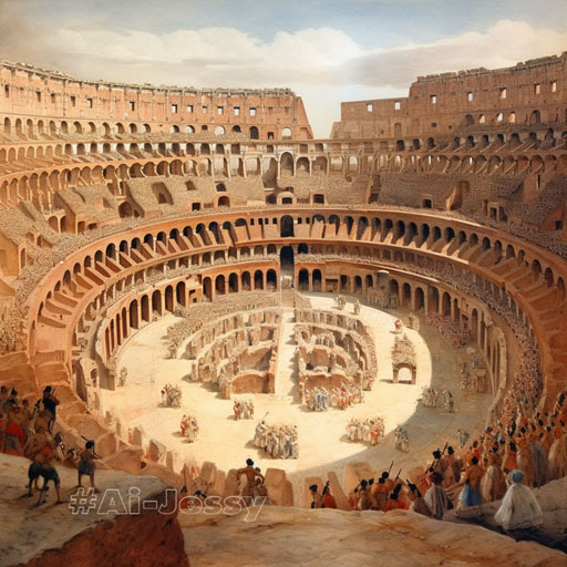 The Colosseum in Rome, AD 80 – An overhead view of the Colosseum in its prime, packed with thousands