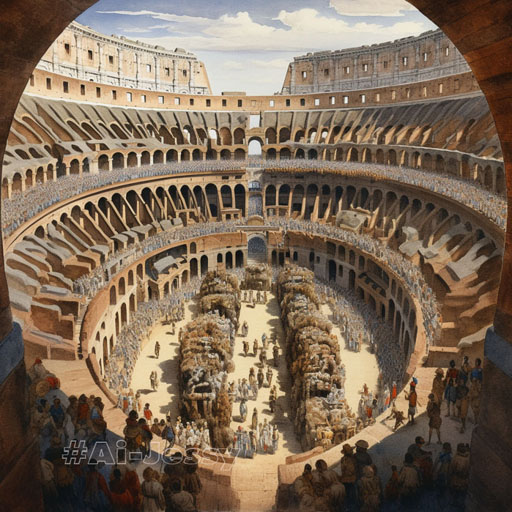 historical The Colosseum in Rome, AD 80 – An overhead view of the Colosseum in its prime, packed with thousands