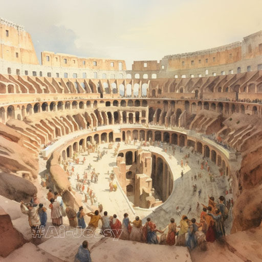 historical The Colosseum in Rome, AD 80 – An overhead view of the Colosseum in its prime, packed with thousands
