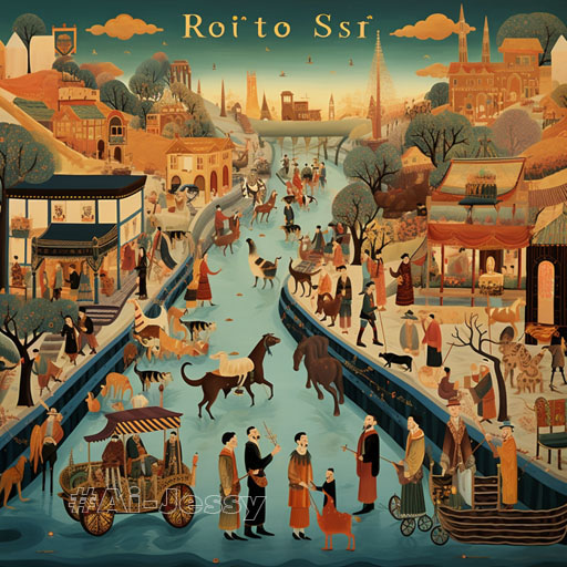 The Silk Road, 500 AD – A bustling market scene along the Silk Road,