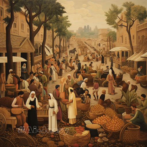 The Silk Road, 500 AD – A bustling market scene along the Silk Road,