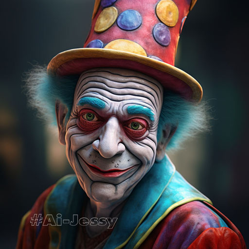 an old mime with a smirk on his colorful face,