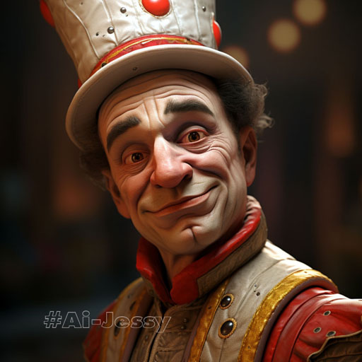 an old mime with a smirk on his colorful face,