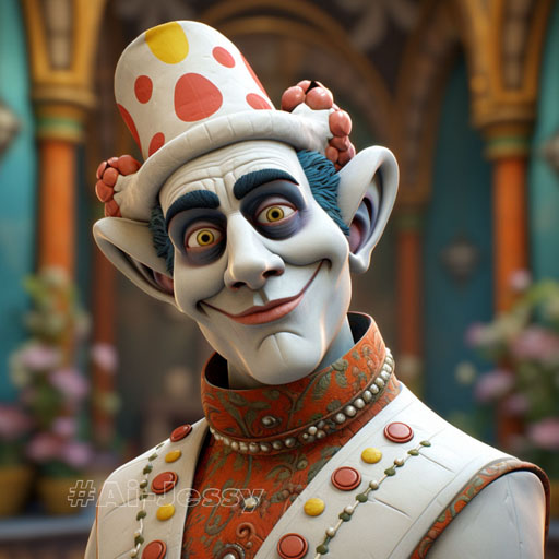 an old mime with a smirk on his colorful face,