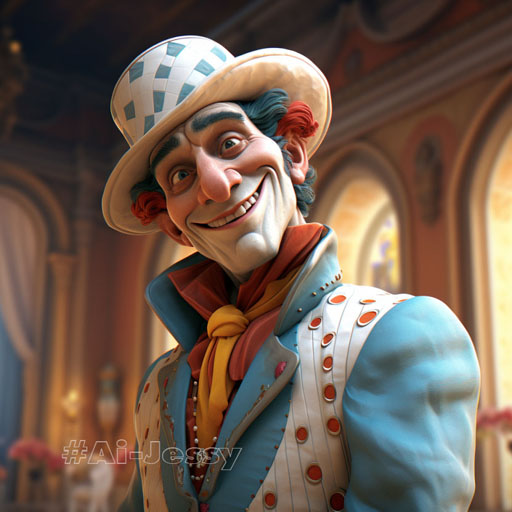 an old mime with a smirk on his colorful face,