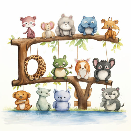 cute cartoon animals hanging from the alphabet letters watercolour