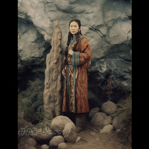 full body color photograph of a woman, <Stone Age>
