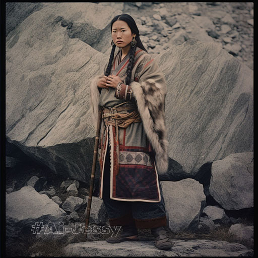 full body color photograph of a woman, <Stone Age>