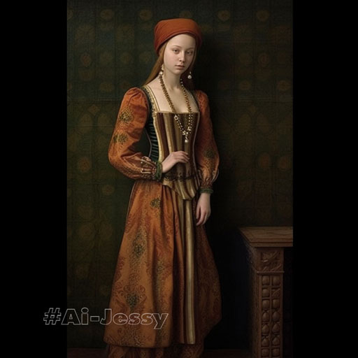full body color photograph of a woman, < 1400s >