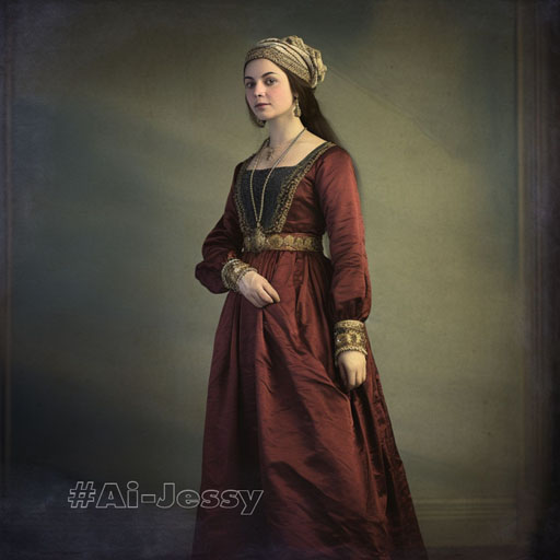 full body color photograph of a woman, < 1400s >