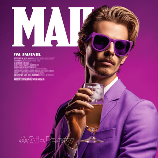 magazines and books cover page, bold font, modern,
purple colors, man with sunglasses
drinking cocktail, realistic, cinematic
