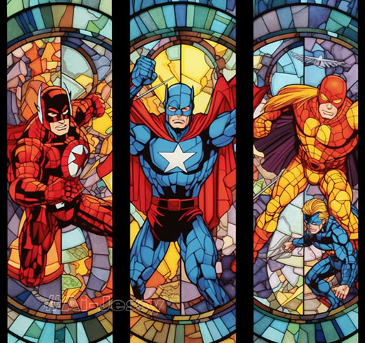 silver age generic superhero fight in stained glass triptych