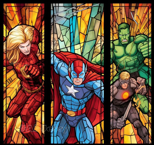 silver age generic superhero fight in stained glass triptych