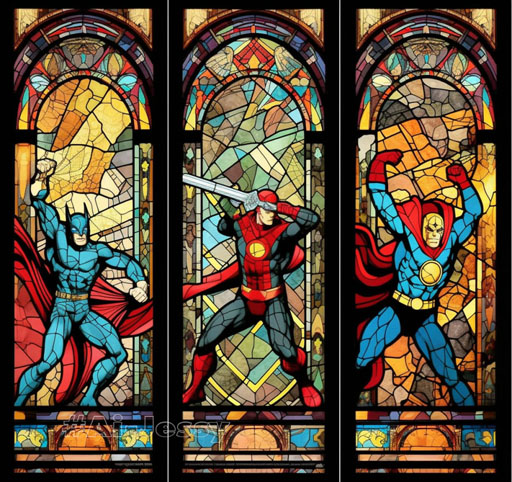 silver age generic superhero fight in stained glass triptych