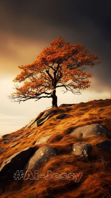 tree in autumn on the hill, in the style of dark orange and dark gold, 