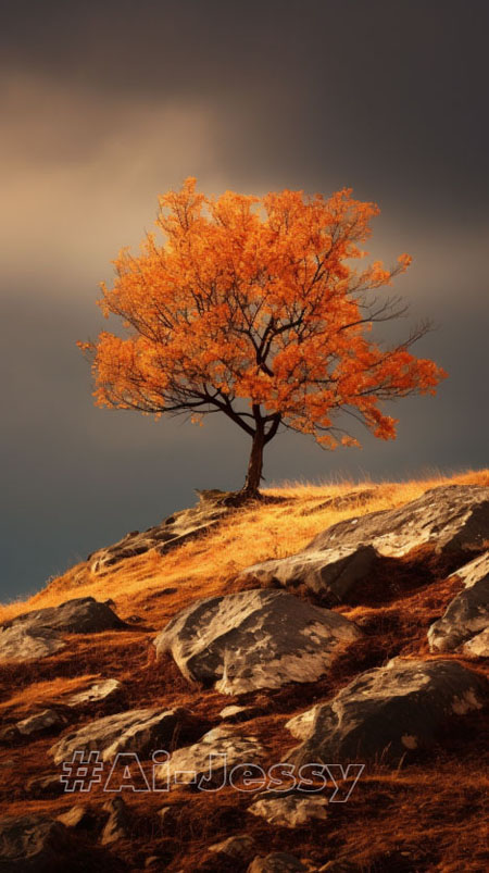 tree in autumn on the hill, in the style of dark orange and dark gold, 