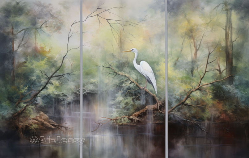 triptych, encaustic painting, heron standing in a stream surrounded by beautiful woodland